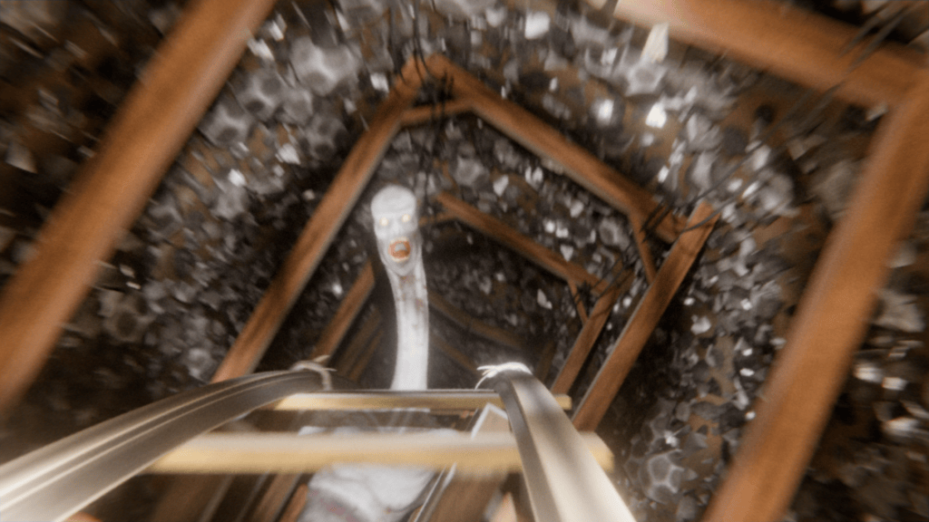 A terrifying creature with a long neck and pale skin appears in a dark, eerie tunnel, surrounded by rocks and wooden beams, creating a sense of dread.